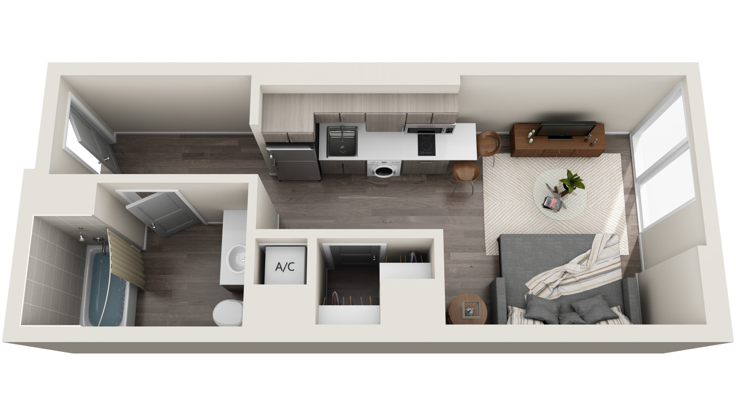Rendering of the S1 floor plan with a Studio bedroom and 1.5 bathroom[s] at [TESTING] The Milo - Mid-Rise
